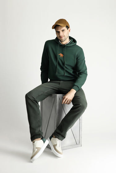 Koyu Yeşil Kapüşonlu Nakışlı Pamuklu Sweatshirt