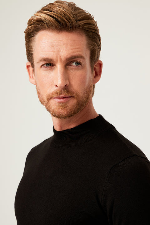 Black Half Turtleneck Regular Fit Knitted Sweater
