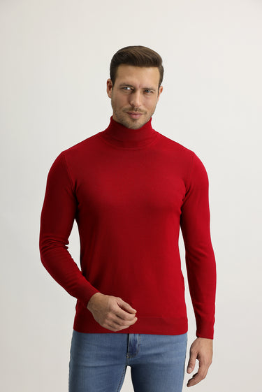Kırmızı Balıkçı Yaka Regular Fit Triko Kazak