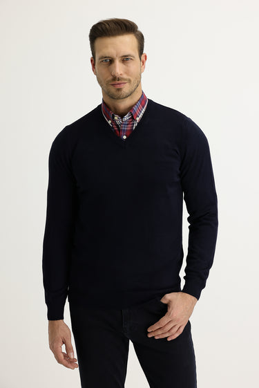 Orta Lacivert V Yaka Regular Fit Triko Kazak