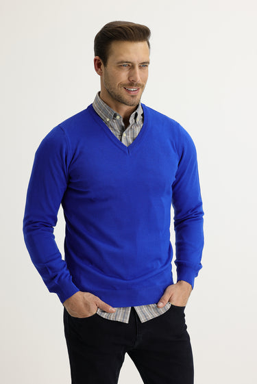 Kobalt Mavi V Yaka Regular Fit Triko Kazak