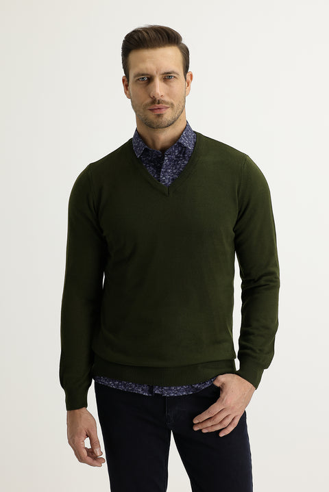 Orta Haki V Yaka Regular Fit Triko Kazak