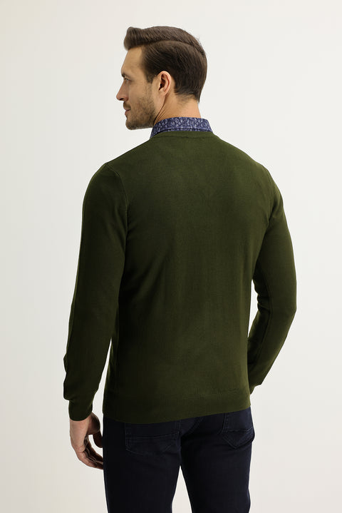 Orta Haki V Yaka Regular Fit Triko Kazak