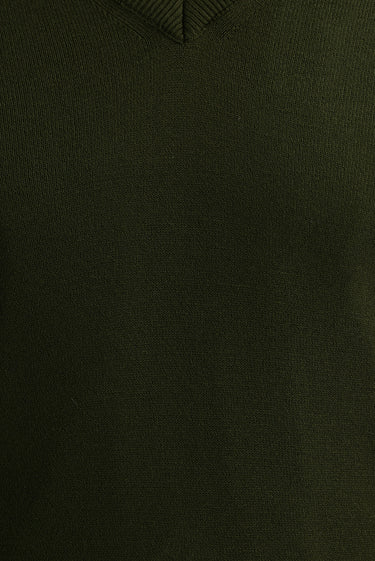 Orta Haki V Yaka Regular Fit Triko Kazak