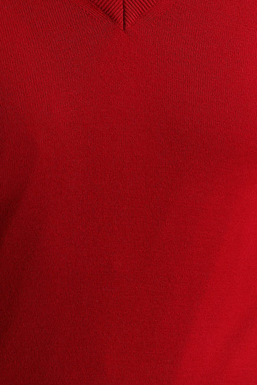 Kırmızı V Yaka Regular Fit Triko Kazak