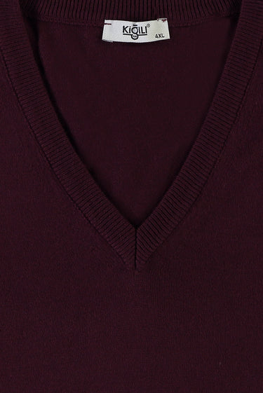 Koyu Bordo Büyük Beden V Yaka Triko Kazak