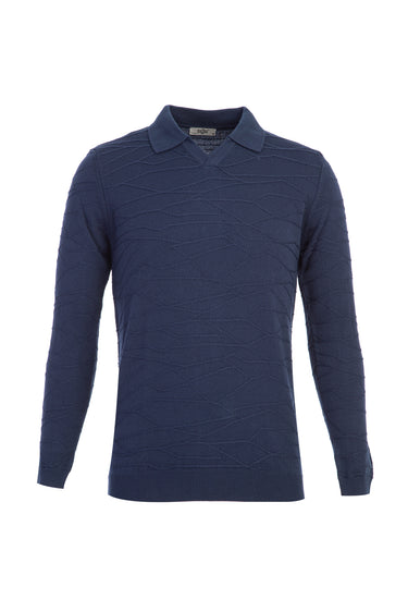 Orta Petrol Polo Yaka Regular Fit Desenli Triko Kazak