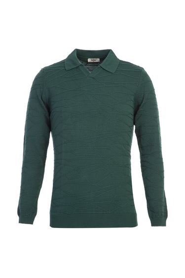 Koyu Yeşil Polo Yaka Regular Fit Desenli Triko Kazak