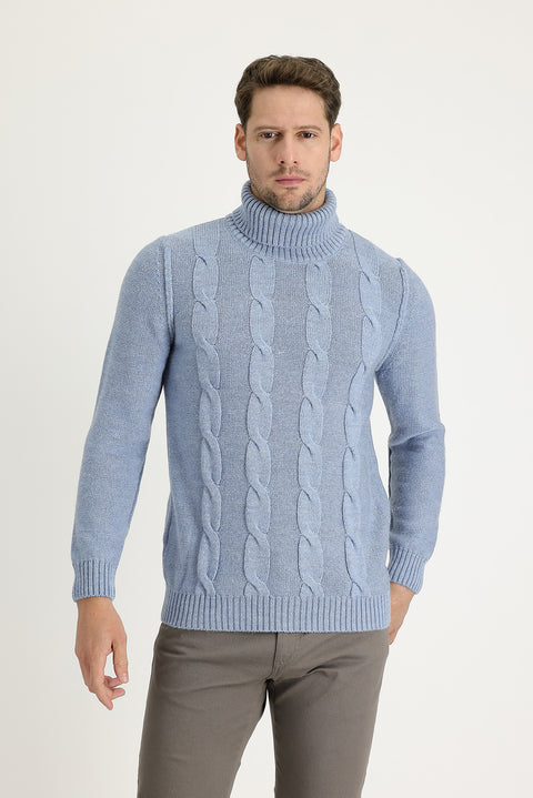 Gök Mavisi Balıkçı Yaka Slim Fit Dar Kesim Yünlü Desenli Triko Kazak
