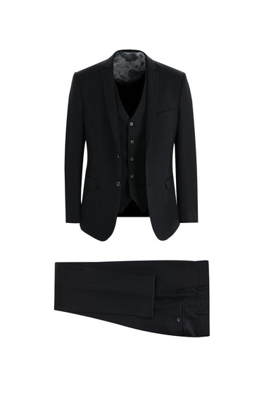 Siyah Super Slim Fit Ekstra Dar Kesim Yelekli Takım Elbise