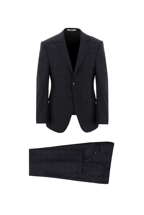 Koyu Lacivert 7 Drop Slim Fit Dar Kesim Ekose Takım Elbise