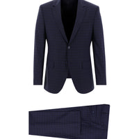 Orta Lacivert 7 Drop Slim Fit Dar Kesim Ekose Takım Elbise