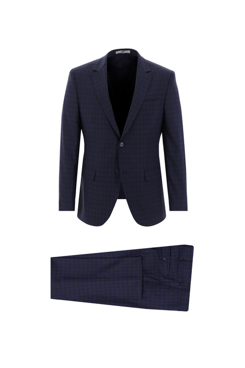 Orta Lacivert 7 Drop Slim Fit Dar Kesim Ekose Takım Elbise