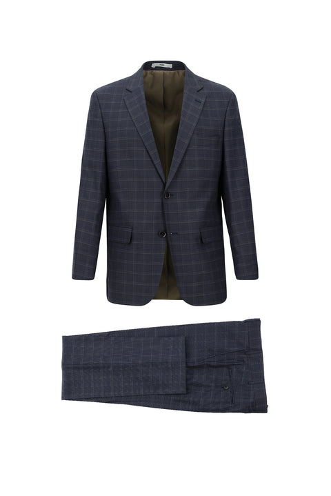 Orta Lacivert 4 Drop Relaxed Fit Rahat Kesim Ekose Takım Elbise