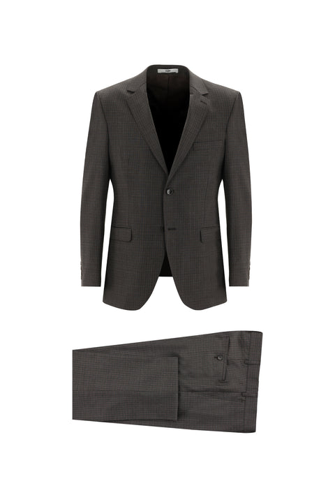 Orta Kahve 7 Drop Slim Fit Dar Kesim Yünlü Ekose Takım Elbise