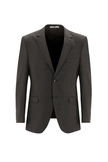 Orta Kahve Slim Fit Dar Kesim Yünlü Ekose Takım Elbise