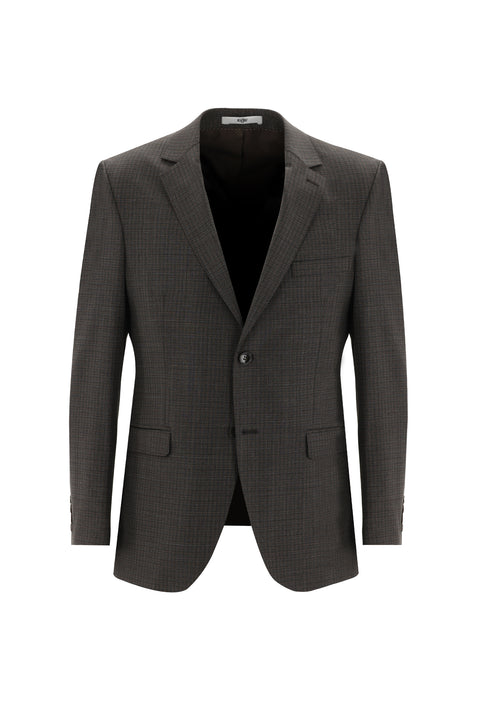 Orta Kahve 7 Drop Slim Fit Dar Kesim Yünlü Ekose Takım Elbise