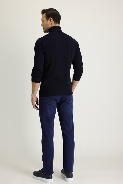 Orta Lacivert Slim Fit Dar Kesim Likralı Denim Pantolon