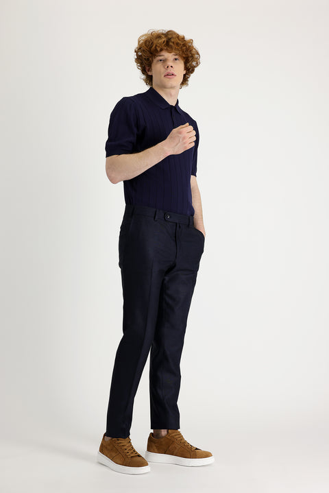 Dark Navy 7 Drop Super Slim Fit Extra Narrow Cut Patterned Lycra Classic Fabric Trousers