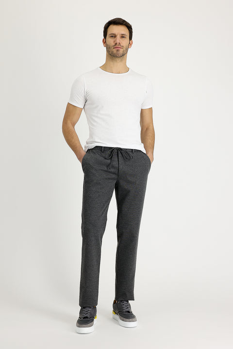 Orta Gri 7 Drop Slim Fit Dar Kesim Beli Lastikli İpli Desenli Likralı Kumaş Pantolon