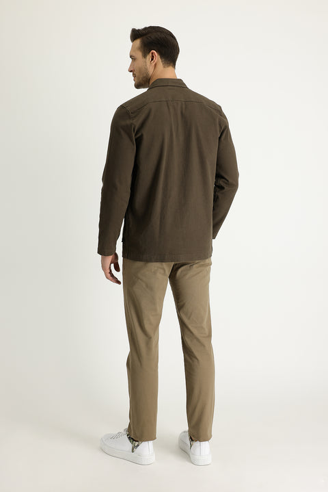 Koyu Bej Regular Fit Standart Kesim Likralı Kanvas / Chino Pantolon