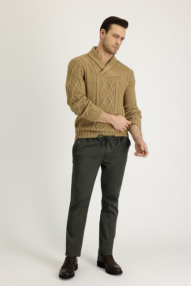 Açık Haki Slim Fit Dar Kesim Beli Lastikli İpli Likralı Kanvas / Chino Pantolon