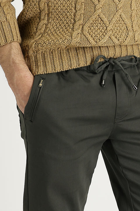 Light Khaki Slim Fit Drawstring Elastic Waist Stretchy Canvas / Chino Trousers
