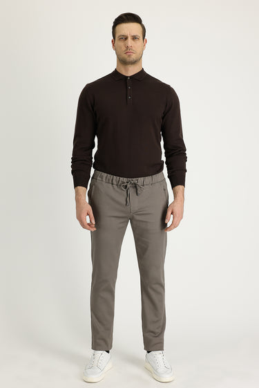 Orta Vizon Slim Fit Dar Kesim Beli Lastikli İpli Likralı Kanvas / Chino Pantolon