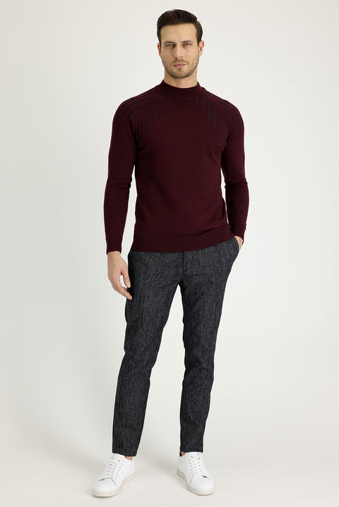 Siyah Slim Fit Dar Kesim Beli Lastikli İpli Desenli Likralı Pantolon