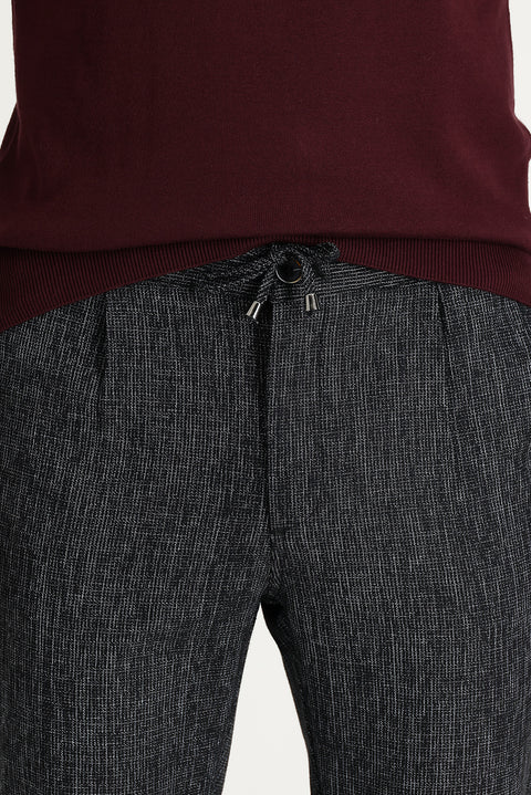 Siyah Slim Fit Dar Kesim Beli Lastikli İpli Desenli Likralı Pantolon