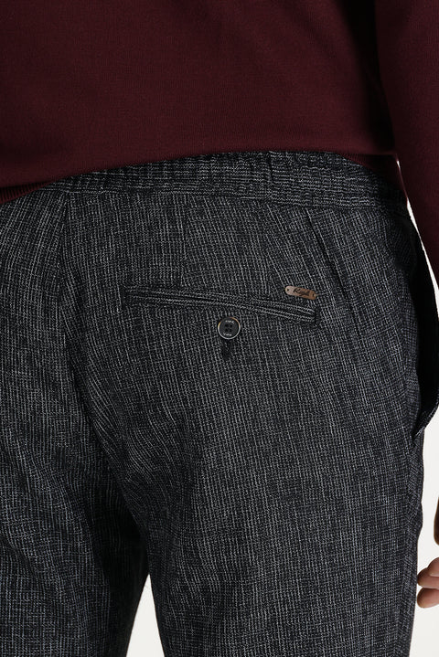 Siyah Slim Fit Dar Kesim Beli Lastikli İpli Desenli Likralı Pantolon