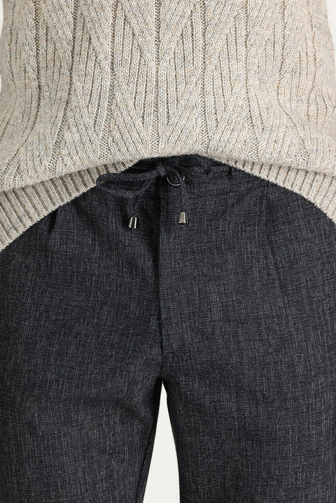 Koyu Füme Slim Fit Dar Kesim Beli Lastikli İpli Desenli Likralı Pantolon