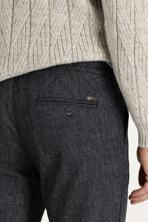 Koyu Füme Slim Fit Dar Kesim Beli Lastikli İpli Desenli Likralı Pantolon