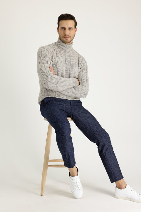 Orta Lacivert Slim Fit Dar Kesim Beli Lastikli İpli Desenli Likralı Pantolon