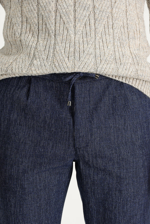 Orta Lacivert Slim Fit Dar Kesim Beli Lastikli İpli Desenli Likralı Pantolon
