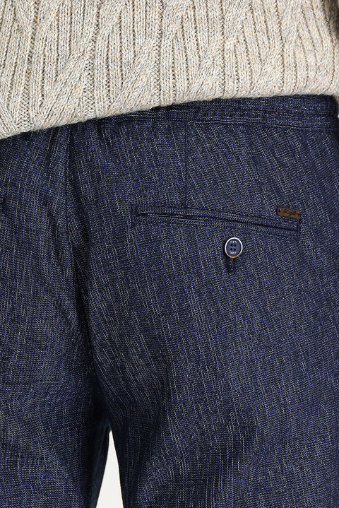 Orta Lacivert Slim Fit Dar Kesim Beli Lastikli İpli Desenli Likralı Pantolon