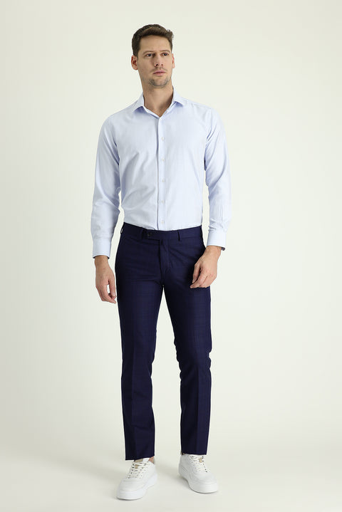 Açık Lacivert 7 Drop Slim Fit Dar Kesim Klasik Desenli Kumaş Pantolon