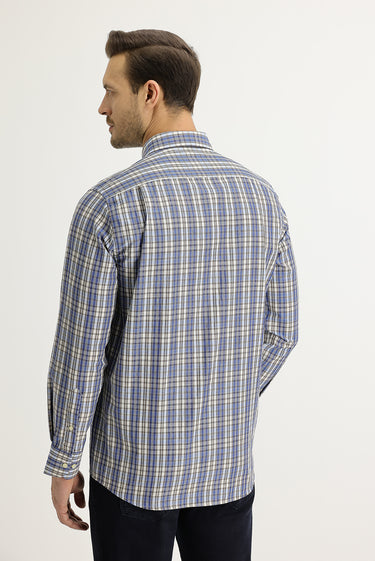 Açık Lacivert Uzun Kol Regular Fit Ekose Düğmeli Yaka Gömlek