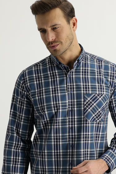 Petrol Yeşili Uzun Kol Regular Fit Ekose Pamuklu Gömlek