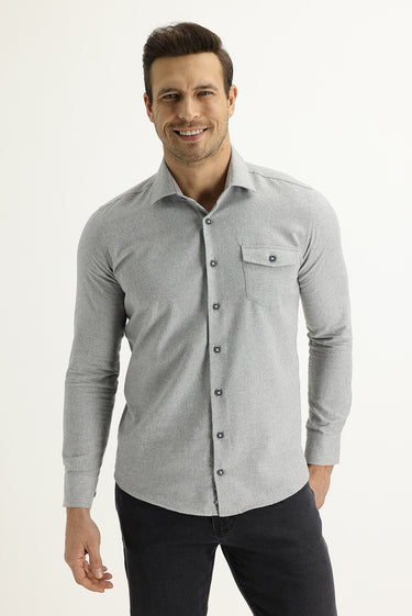 Açık Gri Uzun Kol Slim Fit Dar Kesim Oduncu Spor Pamuklu Kolay Ütülenebilir Gömlek