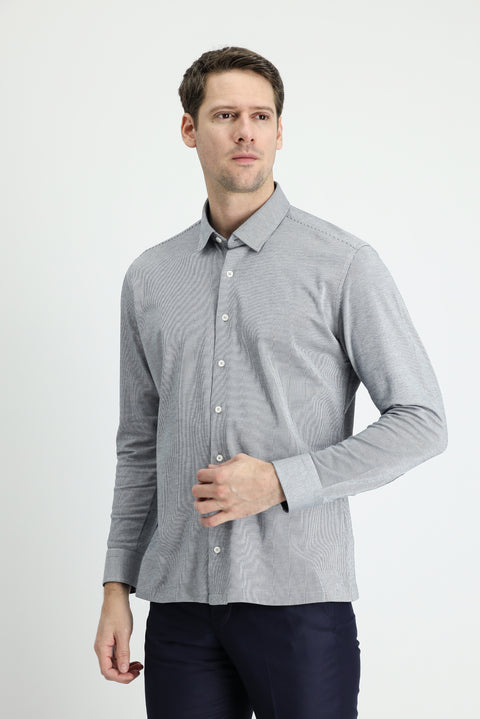 Dark Blue Long Sleeve Striped Slim Fit Shirt