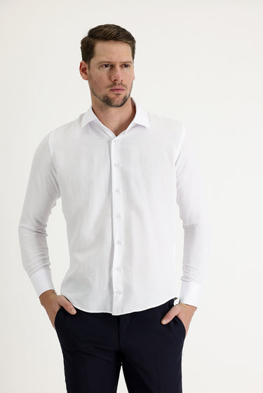 Beyaz Uzun Kol Slim Fit Dar Kesim Manşetli Pamuklu Kolay Ütülenebilir Gömlek