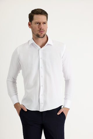 Beyaz Uzun Kol Slim Fit Dar Kesim Manşetli Pamuklu Gömlek