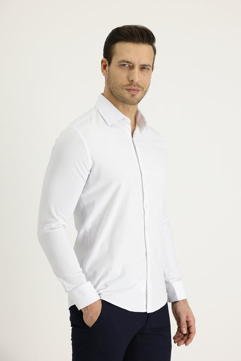 Beyaz Uzun Kol Slim Fit Dar Kesim Klasik Desenli Pamuklu Kolay Ütülenebilir Gömlek