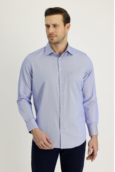 Orta Lacivert Uzun Kol Klasik Desenli Pamuklu Kolay Ütülenebilir Gömlek