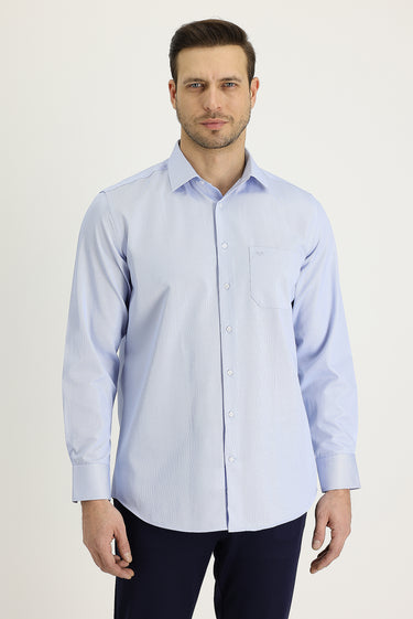Uçuk Mavi Uzun Kol Klasik Desenli Pamuklu Kolay Ütülenebilir Gömlek