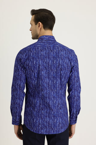 Mavi Uzun Kol Slim Fit Dar Kesim Baskılı Pamuk Gömlek