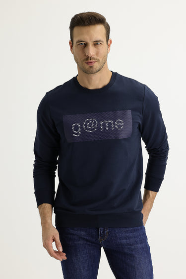 Orta Lacivert Bisiklet Yaka Slim Fit Dar Kesim Baskılı Sweatshirt
