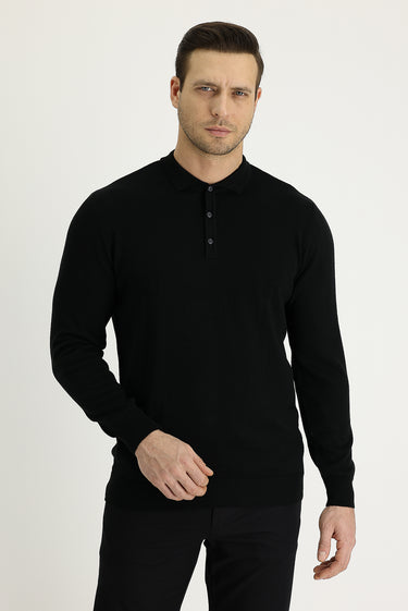 Siyah Polo Yaka Regular Fit Triko Kazak