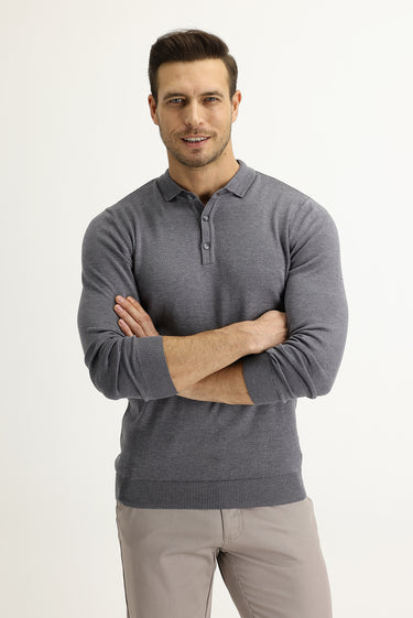 Orta Gri Melanj Polo Yaka Regular Fit Triko Kazak